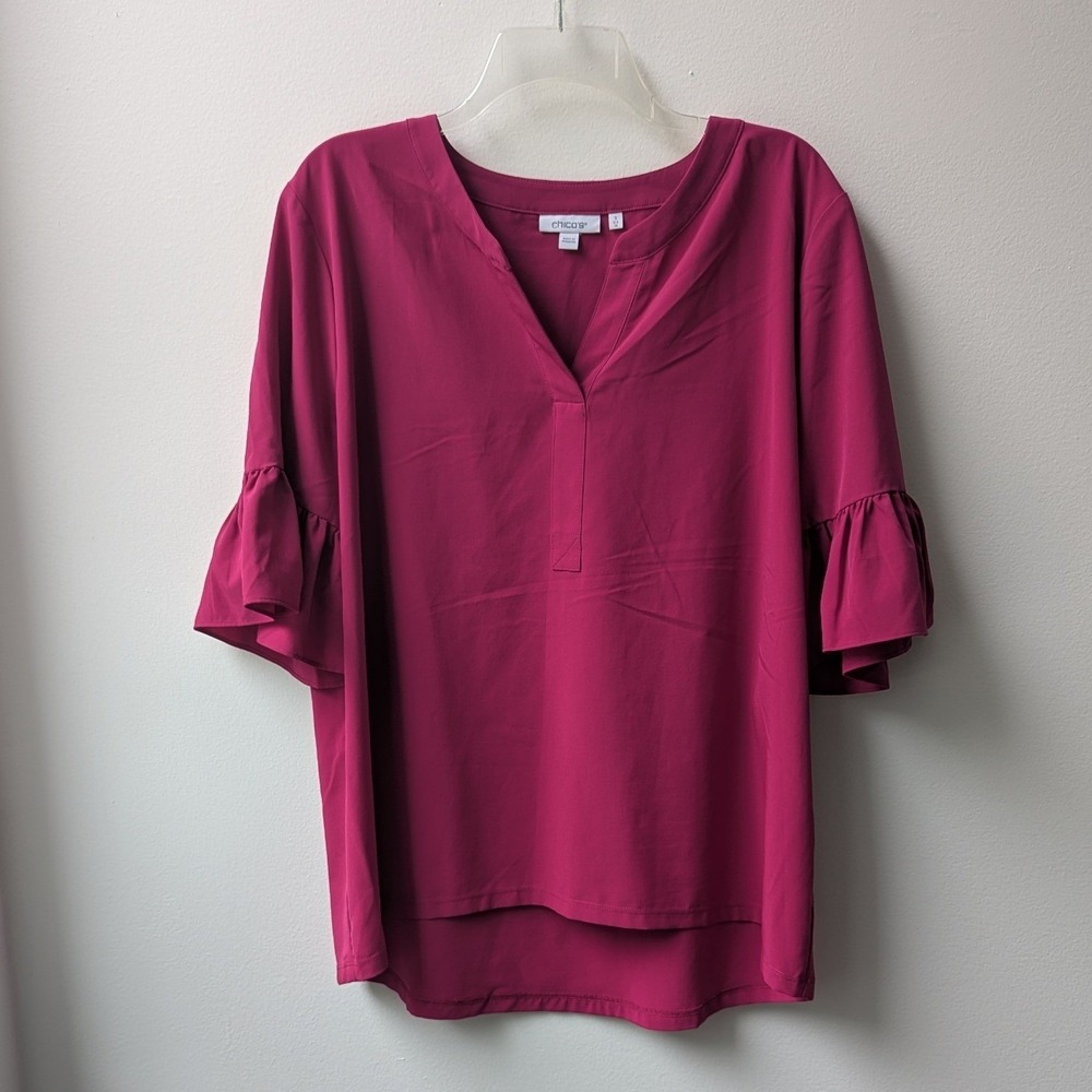 Chico's Blouse Magenta Ruffle Bell Sleeve V-Neck Sz 3 / US 16 Chic Feminine